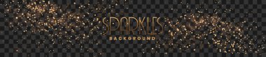 Toz kıvılcımları ve altın yıldızlar özel ışıkla parlıyor. Şeffaf bir arkaplanda vektör parıldıyor. Vektör illüstrasyonu