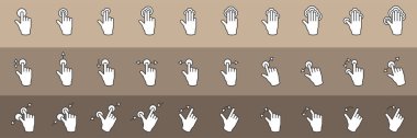 Parmak etkileşimi, serçe parmağı yemini, işaret parmağı işareti, selamlama, çimdik, el yıkama ve daha fazlası gibi çeşitli şekillerde el hareketi simgeleri. Vektör illüstrasyonu