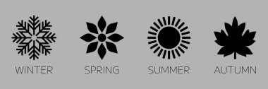 Dört mevsim simgesi seti. Kışı, ilkbaharı, yazı ve sonbaharı temsil eden 4 vektör grafik öğesi. Hava elementi. Vektör illüstrasyonu