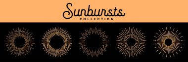 Güneş ışığı seti. Güneş patlaması ikon koleksiyonu vektörü. Retro güneş patlaması tasarımı. Klasik güneş patlaması koleksiyonu. Patlayan altın güneş ışınları. Havai fişekler. Logotype ya da harf tasarım elemanı. Vektör illüstrasyonu