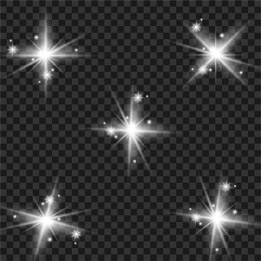 Parlayan yıldız, vektör parlama etkisi. Şeffaf arkaplanda parıldayan sihirli yıldız kıvılcımları.