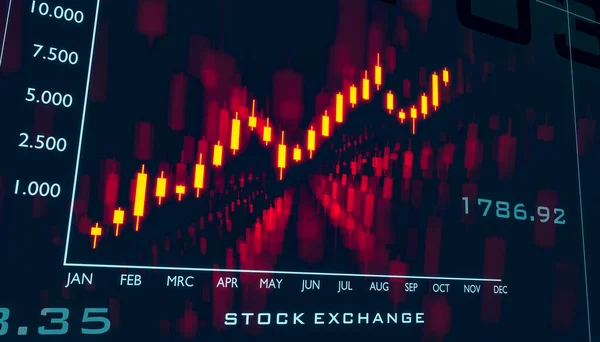 Rising candlestick chart. Orange illuminated candle stick chart with red reflections on a screen. Business, investment, trading, growth, finance, stock market and exchange.