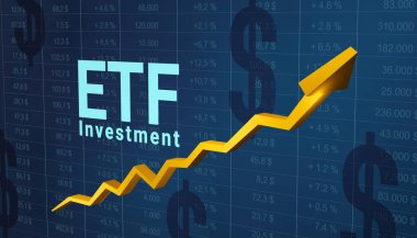 ETF (Borsa Ticaret Fonları). Sayılar ve yükselen altın oklu bir ekran. Gelişen ETF işleri, karlı yatırımlar. Borsa, geri dönüş ve yatırım fonları kavramı. 3B illüstrasyon