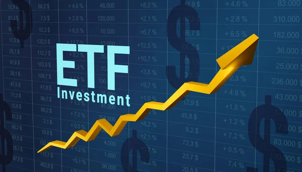ETF (Exchange Traded Funds). Screen with numbers and golden rising arrow. Growing ETF business, profitable investment. Stock market, return and investment funds concept. 3D illustration