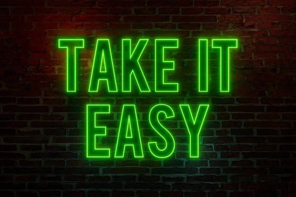 Spokojnie Neonowy Znak Cegła Ściany Nocy Napisem Take Easy Zielonych — Zdjęcie stockowe