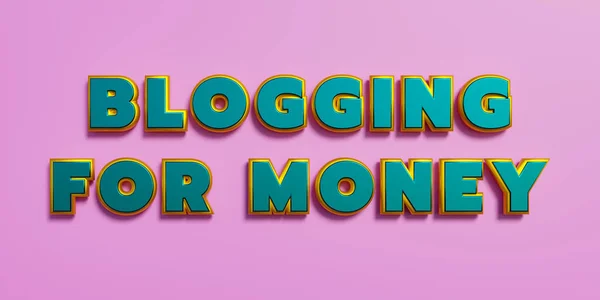 Blogging for money. Words in capital letters, yellow metallic shiny. Influencer, making money, internet, online, social media, follower and communication. 3D illustration