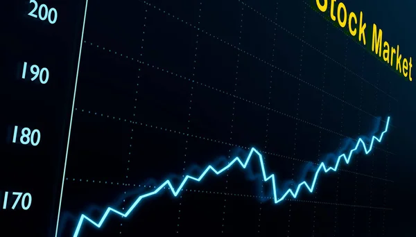 Rising stock market, line chart moving up. Trading screen with blue rising graph. Business, investment, strategy, stock market and exchange.