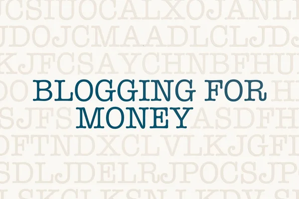 Blogging for money. White page with letters in typewriter font. Words in capital letters. Influencer, making money, internet, online, social media, follower and communication.
