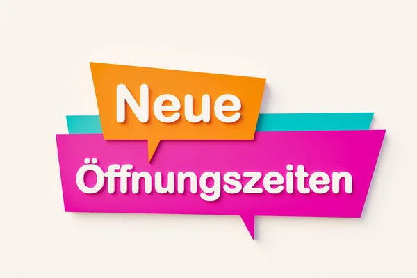 Neue Ffnungszeiten New Opening Hours 주황색 파란색 보라색 텍스트의 메시지 — 스톡 사진
