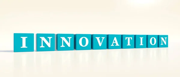 Innovation Blå Tärningar Med Vita Bokstäver Och Ordet Innovation Utveckling — Stockfoto