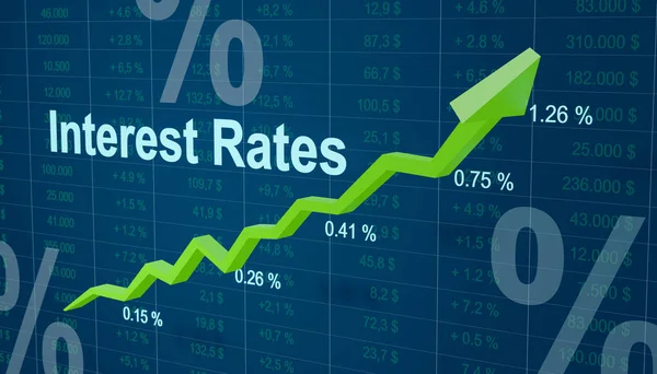 Interest rates moving up. Rising chart of interest rates and percentage signs. Increased rates because of high inflation scenario or strong GDP growth. Economy and central bank concept.