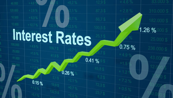 Процентные ставки растут. Повышение процентных ставок и процентных признаков. Увеличение темпов из-за высокого сценария инфляции или сильного роста ВВП. Экономика и концепция центрального банка.
