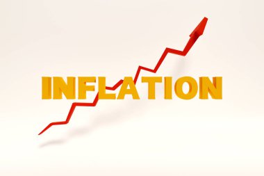 Enflasyon, yükselen fiyatlar ve sosyal sorunlar. Artan fiyatlar ve artan enflasyonun sembolü olarak yükselen kırmızı ok. 3B illüstrasyon 