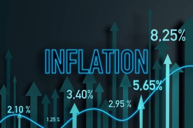 Enflasyon yükseliyor. Yükselen enflasyonla ilgili bilgi. Yüzdelik işaretleri ve oklar. İş, çöküş çağı ve ekonomi kavramı.