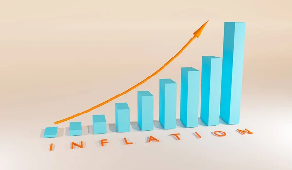 Inflation bar chart. Inflation graphic to illustrate rising inflation. Rising bar chart with arrow. Columns in blue, arrow in orange. The word inflation flat on the foreground in orange. 3D illustration