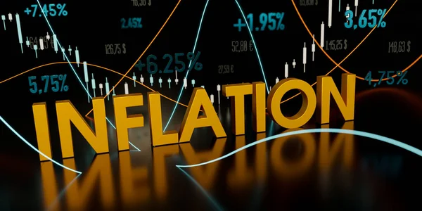 Inflation rises. Inflation in golden letters. Chart, lines, prices and positive percentage signs in the background. Economic depression, rising prices and devaluation. 3D illustration