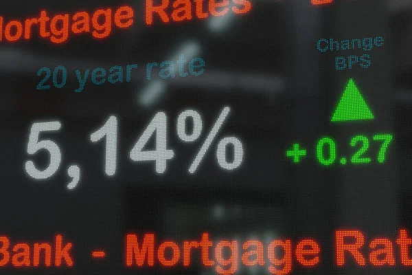 Twenty year mortgage rate on a screen. Increased bank mortgage rate with daily changes in basis points. Business & finance, loan and debt concept. 3D illustration