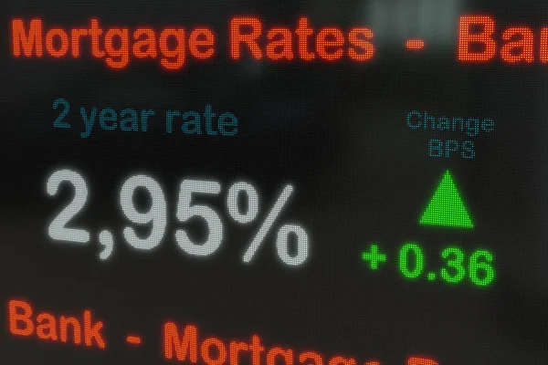 Two year mortgage rate on a screen. Increased bank mortgage rate with daily changes in basis points. Business & finance, loan and debt concept. 3D illustration