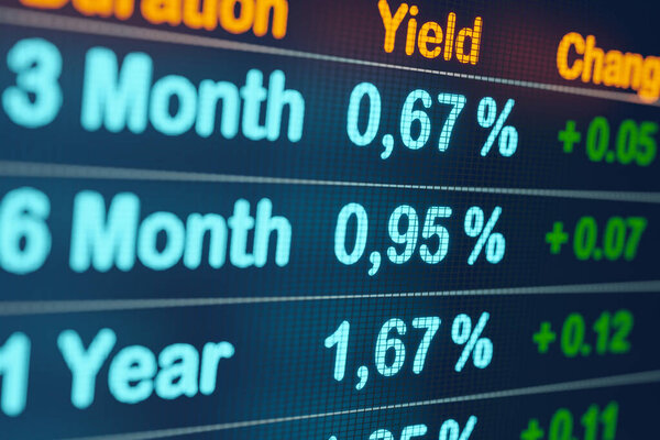 Increased bond yield and interest rates. Yield and durations for bonds and saving accounts on the screen. Finance, bond trading and stock exchange concept. 3D illustration
