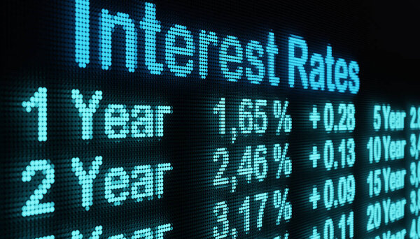 Повышение процентных ставок. Различные доходности и сроки погашения облигаций и процентов на биржевом экране. Концепция финансовых, торговых и сберегательных счетов. 3D иллюстрация