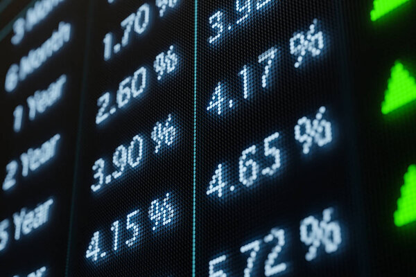 Screen with rising yields and interest rates. Coupons, rates, yields  and other informations are displayed. Interest rates concept. 3D illustration