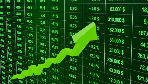 Obchodní List Čísly Cenami Pozitivními Procentními Změnami Rostoucí Zelený Graf — Stock fotografie