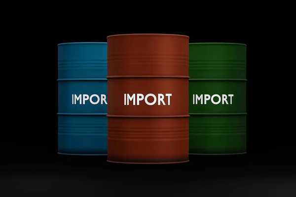 インポート 3色の樽の表面に書かれた 黒の背景 貨物輸送と経済的概念 3Dイラスト — ストック写真