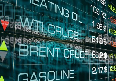 Ekranda petrol ve gaz için emtia fiyatları. Saf yağ, Brent yağı ve Doğal Gaz. Ekonomi, borsa verileri ve emtia ticareti konsepti. 3B illüstrasyon