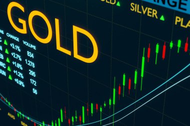 Yakın plan artan altın çizelgesi. Altın ticareti ve finansal rakamlar. Mallar ve değerli metaller için ekranı takas etmek. Metal meta ve değerli metal konsepti, 3 boyutlu illüstrasyon