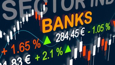 Borsa Bankaları Endeksi. Sektör endeksi ile bankaları, tırnak işaretlerini, grafikleri ve değişiklikleri takas etmek. Borsa, fiyatlar ve sektör endeksi kavramı. 3B illüstrasyon.