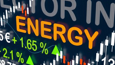 Borsa Enerji Endeksi. Enerji, tırnak içinde alıntılar, çizelgeler ve değişiklikler için sektör endeksi ile ekran ticareti. Borsa, fiyatlar ve sektör endeksi kavramı. 3B illüstrasyon.