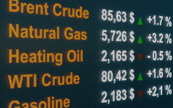 Commodities - Oil, gas prices on a trading screen Brent Crude Oil, Natural Gas and Heating Oil with prices and percentage price changes on a trading screen for commodities.