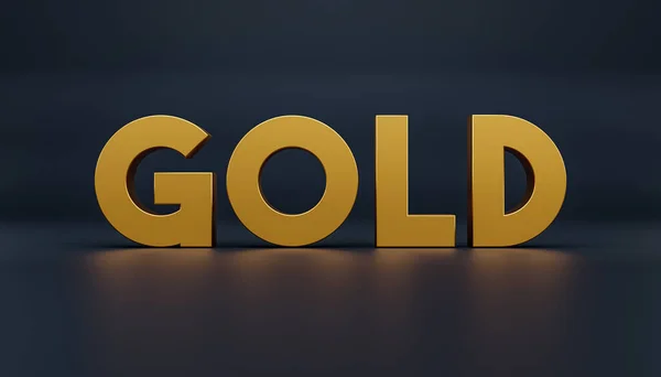 黄金这个词用大写字母表示 用黄金金属表示 3D插图 — 图库照片