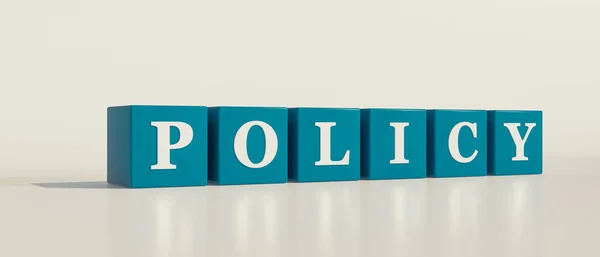 Policy. Blue dices with white letters and the word policy. condition, guide, rule, regulation, legal, strategy, prevention and method. 3D illustration