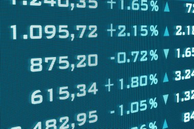 Dijital numaralar, ekrandaki iş tarihi. Sayılar ve yüzde işaretleriyle birlikte tabloları aç. Hesaplama, iş, bilim ve ticaret. 3B illüstrasyon