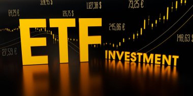 ETF yatırımı (Borsa Ticaret Fonları). Çizelge, çizelge, hisse senedi fiyatları ve ETF yatırım sözcüğü altın harflerle. Borsa ve borsa, ticaret ve ticaret. 3B illüstrasyon