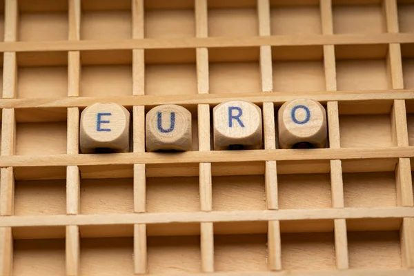 Euro Wooden Dice Arranged Box Word Euro Currency Banner Sign — Stock Photo, Image