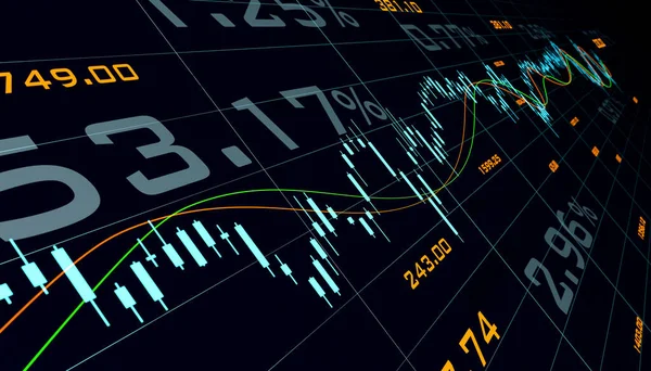Bildschirm Mit Börseninformationen Kerzenhalter Diagramm Linien Zahlen Und Prozentzeichen Börse — Stockfoto