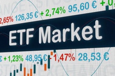 ETF Pazarı (Borsa Ticaret Fonları). Ekrandaki ETF fiyat bilgisi ve yüzde değişiklikleri. Borsa, yatırım fonları, strateji, ticaret ve ticaret konsepti. 3B illüstrasyon