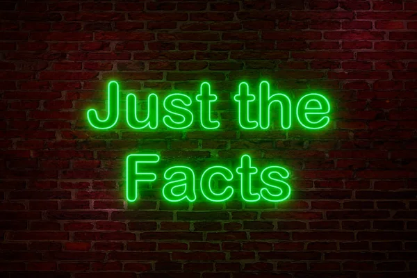 Tylko Fakty Neonowy Znak Cegła Ściany Nocy Napisem Just Facts — Zdjęcie stockowe