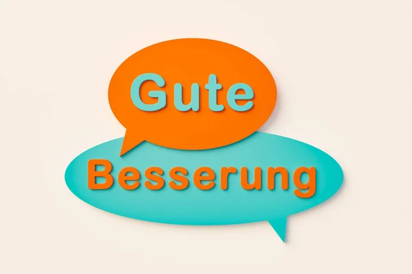 Gute Besserung. (Get well soon.) Online speech bubble. Chat bubble in orange, blue colors. Health, advice, better condition, body care and medicine. 3D illustration