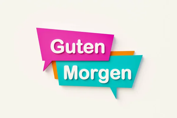 Guten Morgen (Good morning) Cartoon speech bubble. Speech bubble in orange, blue, purple and white text. Welcoming, information, greeting and saying concepts. 3D illustration