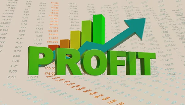 The word Profit combined  with a bluish arrow up. Data sheet with financial figures and a column digram in the background. Profitable business concept. 3D illustration