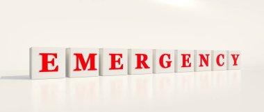 Acil durum. Kırmızı harfli beyaz zarlar ve acil durum kelimesi. İlk yardım, hastane, ilk yardım, kaza, felaket, felaket, aciliyet, tehdit ve yardım. 3d illüstrasyon