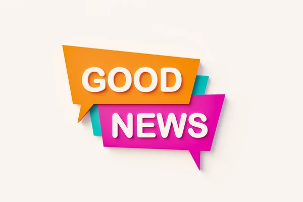 Good news - Cartoon speech bubble. Speech bubble in orange, blue, purple and white text. Message, information and saying concepts. 3D illustration