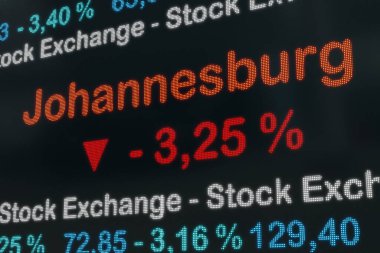 Johannesburg borsası düşüyor. Güney Afrika, Johannesburg, ticaret ekranında negatif borsa verileri. Kırmızı yüzde işareti, kalp bilgisi, iş konsepti. 3B illüstrasyon