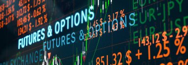 Borsa ticaret ekranı, gelecek ve opsiyon ticareti. Hisse senedi alıntıları, tablolar, fiyatlar, tırnak içinde alıntılar ve hareket eden ortalama satırlar. Ticaret ve borsa konsepti. 3B illüstrasyon