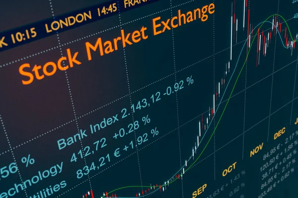 Obrazovka Burzy Grafem Finančními Údaji Monitoring Detailního Obchodování Svíčkami Burze — Stock fotografie