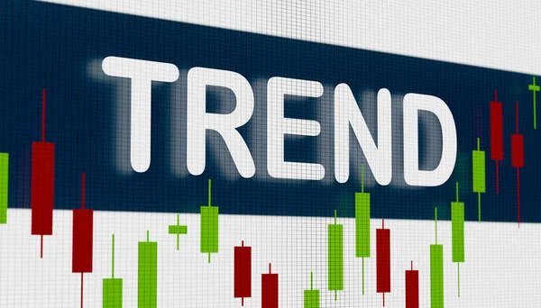 Trend - Close-up trading screen with candle stick chart. Falling, rising, moving up or down, stock market trend. Stock exchange, business, investment and trading. 3D illustration