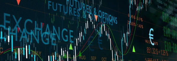 Stock exchange for futures and options. Trading screen with moving average lines, information, quotes and index chart. Futures and options. Stock exchange concept, 3D illustration